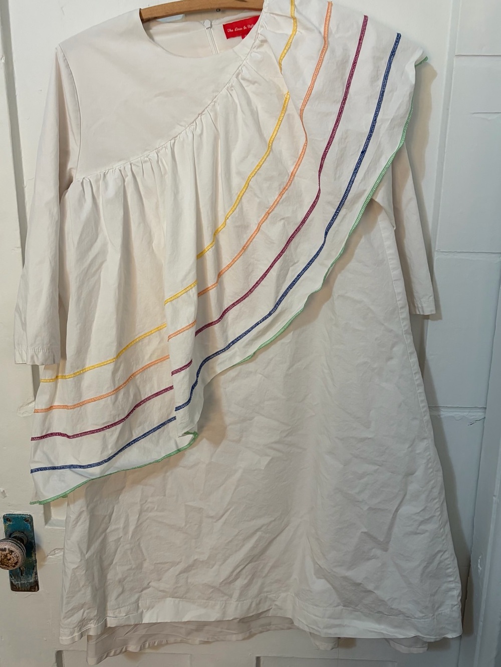 Cream Ruffle Casual Dress with Rainbow Stitching